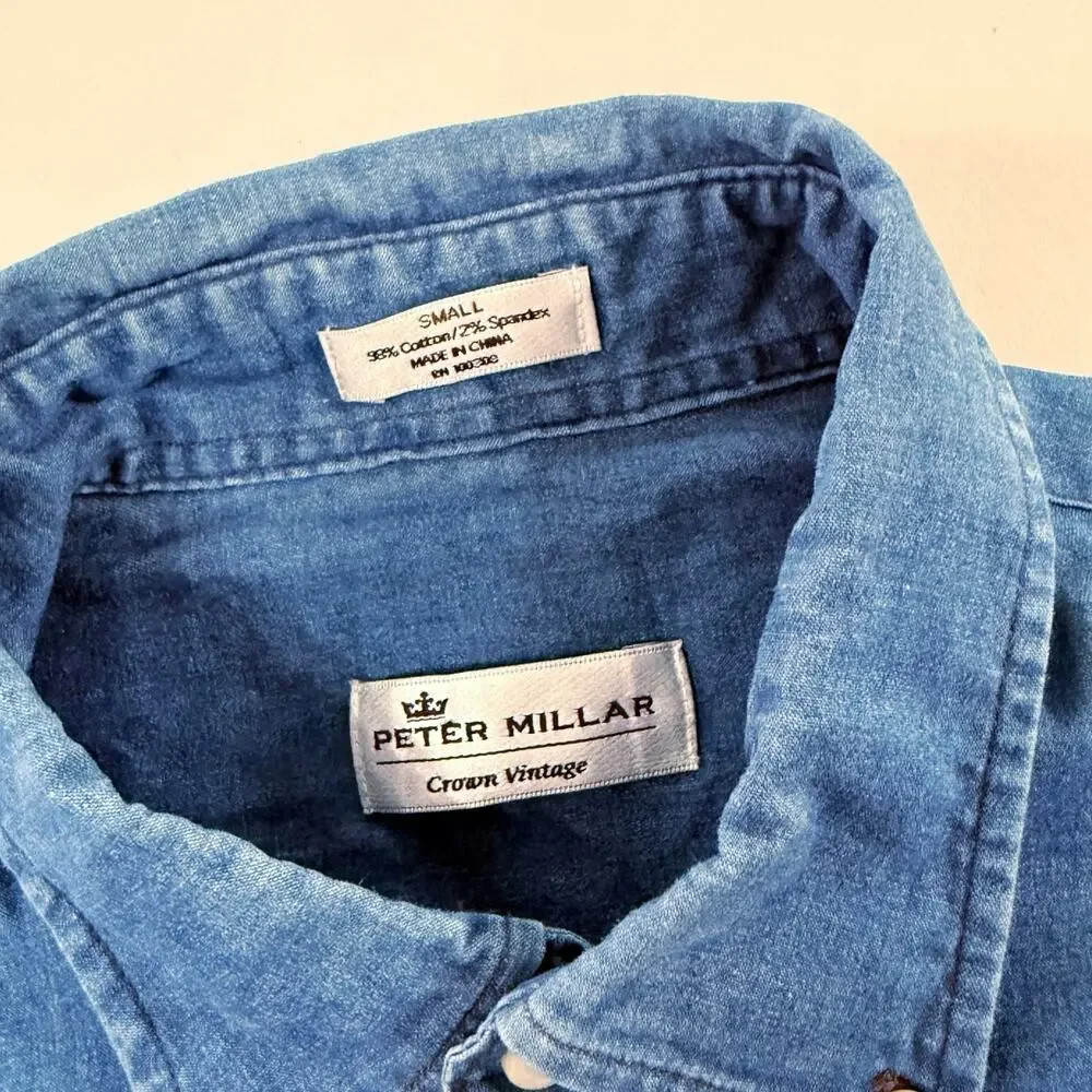Peter Millar Crown Vintage Chambray Button Down Shirt S Mens Blue